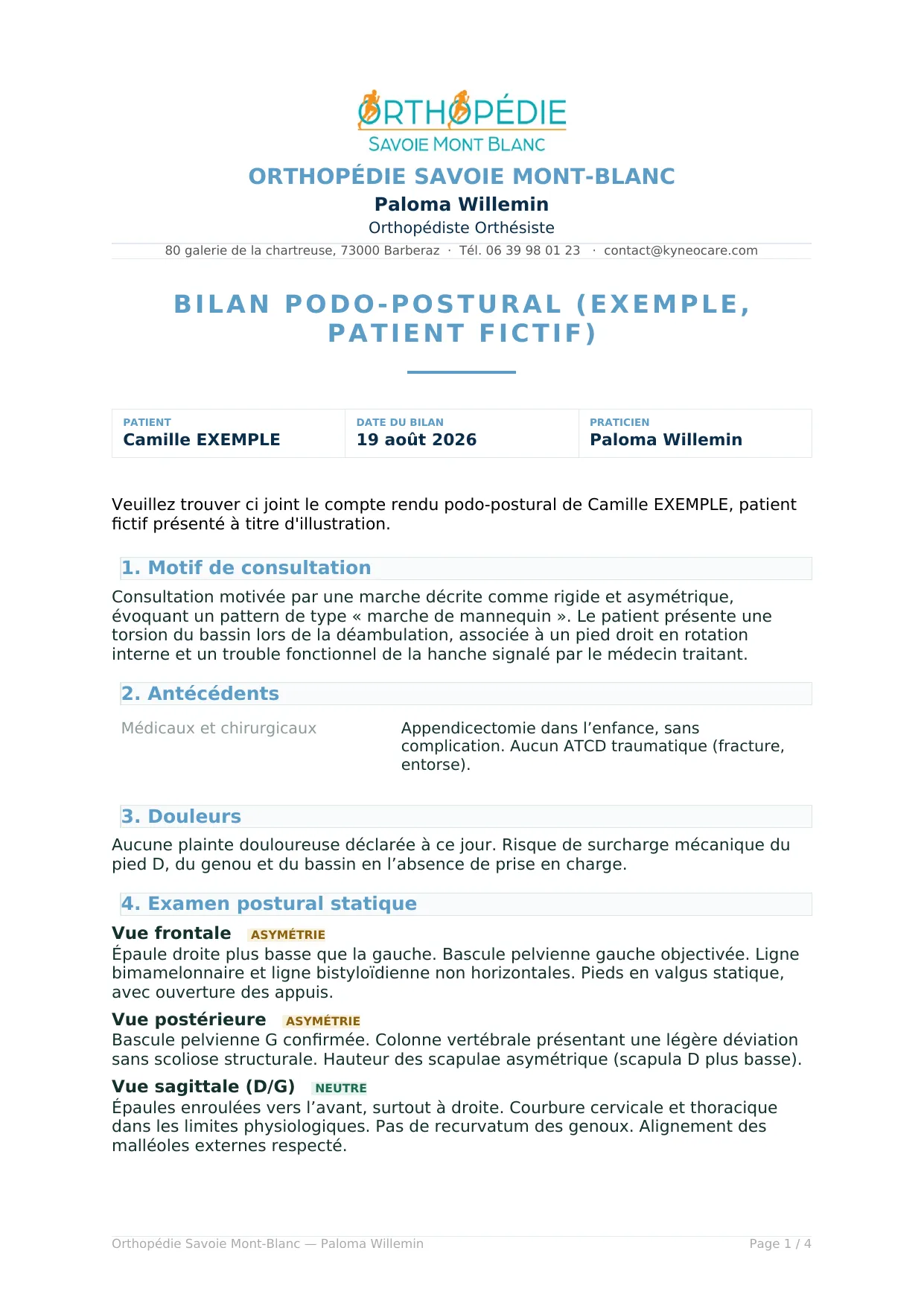 Première page d'un bilan podo-postural rédigé avec Kyneocare : en-tête du cabinet, motif de consultation, antécédents et examens organisés en sections (exemple établi sur un patient fictif)