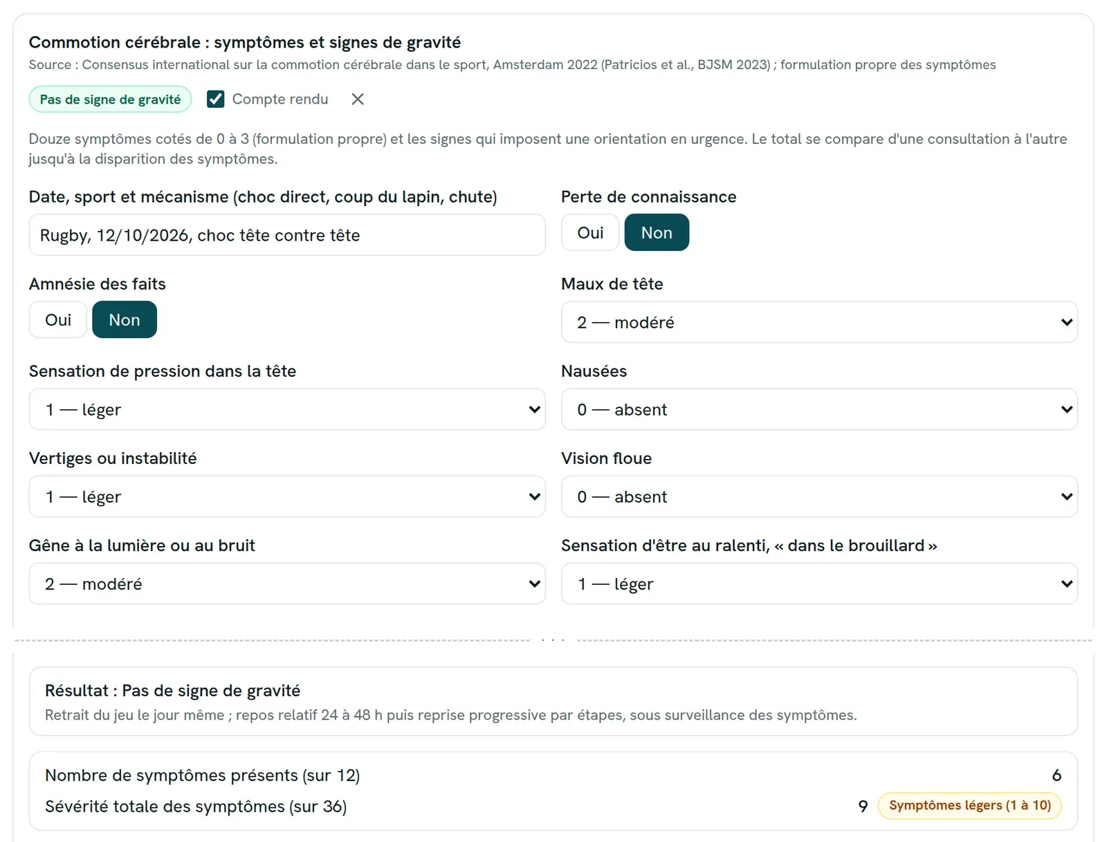 Le test Commotion cérébrale et le protocole de reprise.