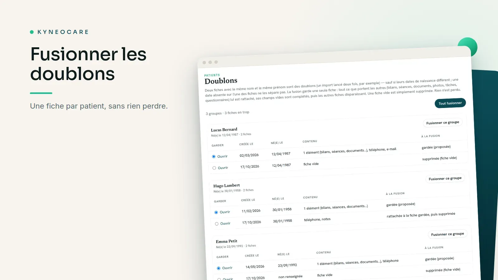 La page Doublons de Kyneocare, qui présente côte à côte les fiches d'un même patient.
