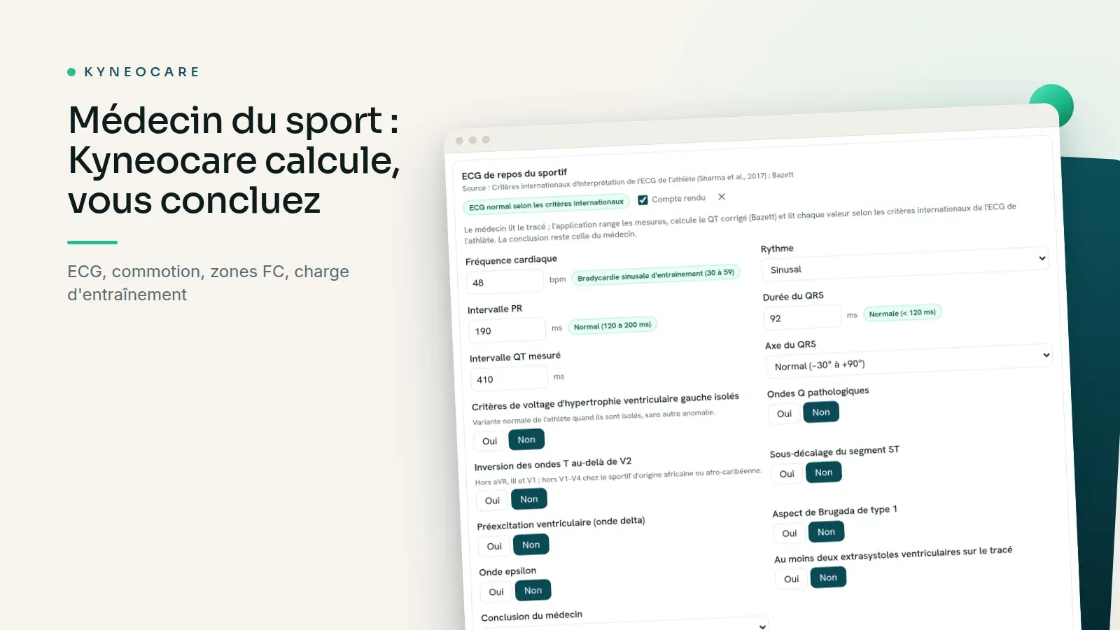 L'ECG de repos du sportif dans un bilan Kyneocare, avec le QT corrigé calculé et la conclusion du médecin.
