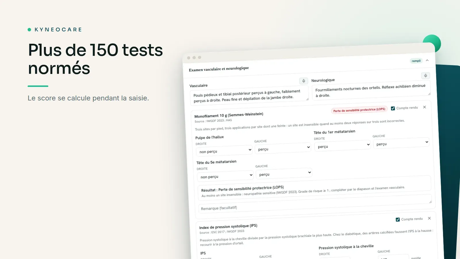 Un test normé dans un bilan Kyneocare, avec les valeurs saisies et le score affiché.