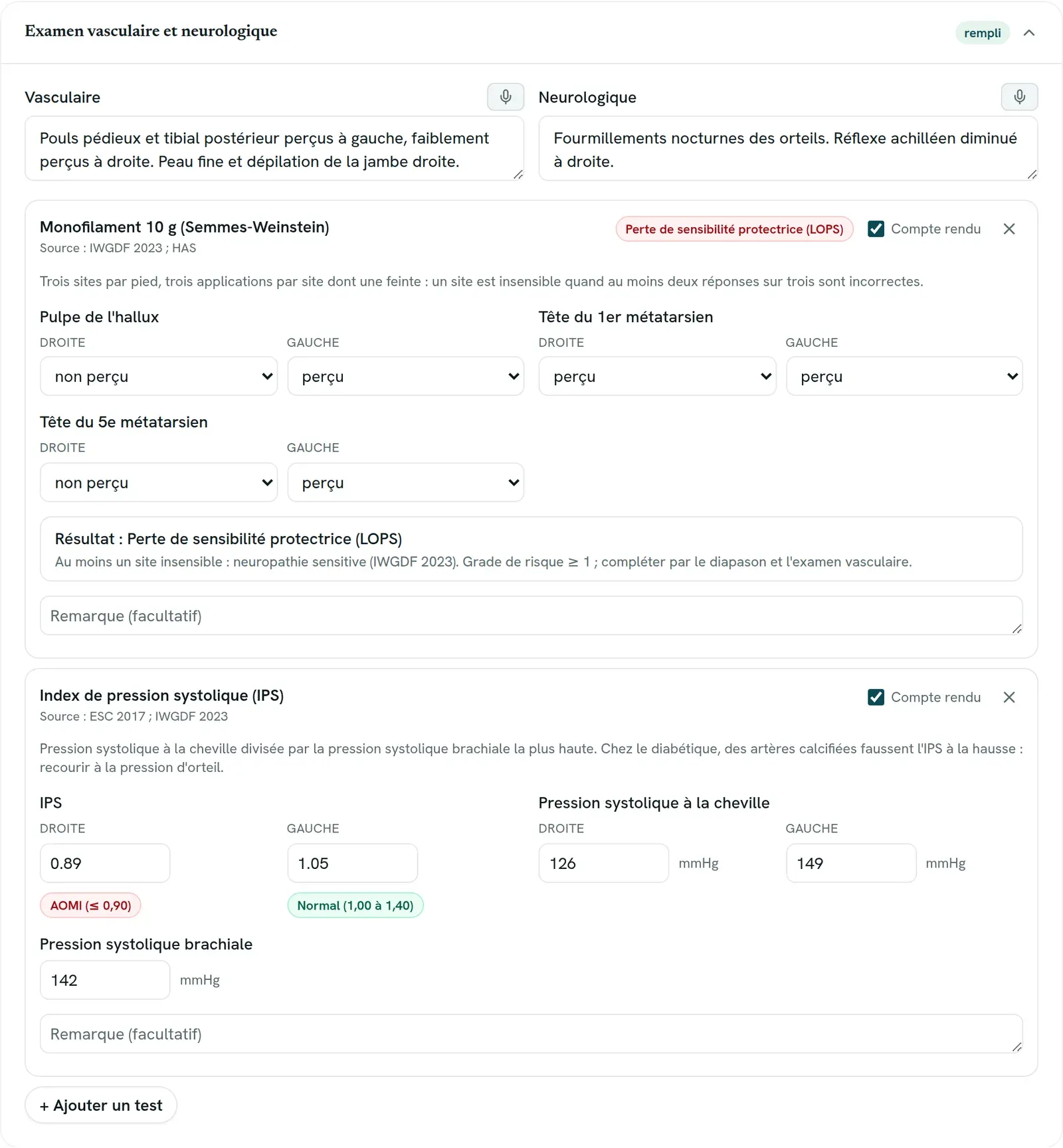 Un test ajouté dans une section du bilan, avec son score et sa lecture.